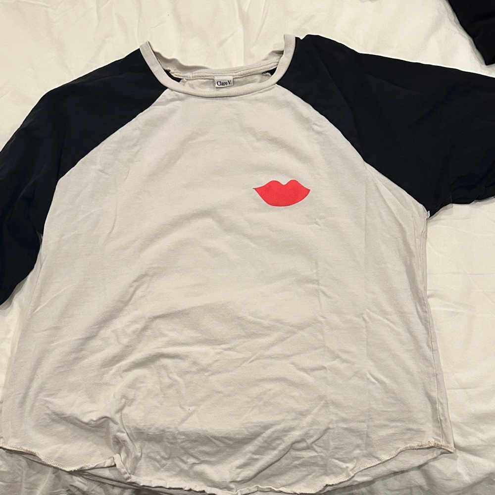 Clare V. Black and White Baseball Raglan Tee with Red Lips
